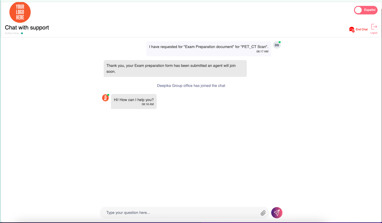 DoctorFare patient app — chat support screen