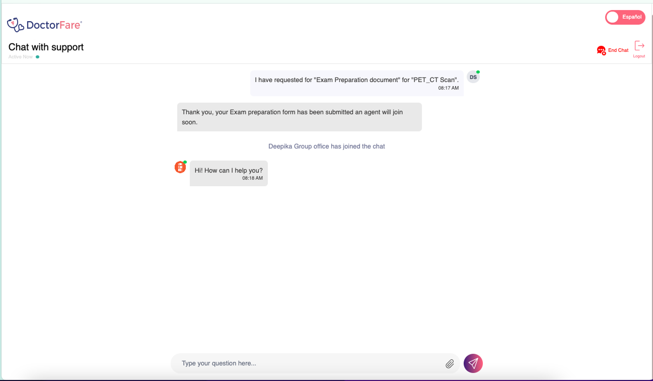 DoctorFare patient app — chat support screen